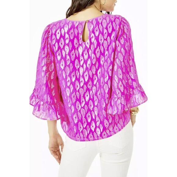 Lilly Pulitzer Medium Francis Flounce Silk Raz Berry Leopard Metallic Top Blouse - Picture 2 of 8